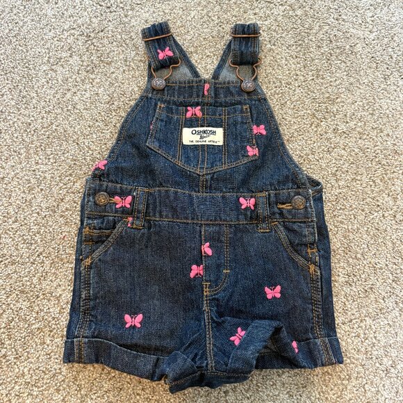 🦋 Oshkosh Baby Girl Butterflies Denim Overall 9 months Pink Butterfly 🦋 - Picture 1 of 5
